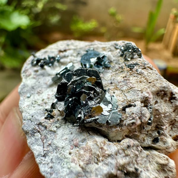 Black hematite rosettes on grey rock from Sichuan, China, close-up of the crystal faces