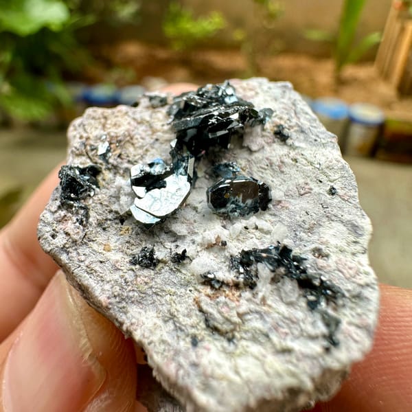 Black hematite rosettes on grey rock from Sichuan, China, top view