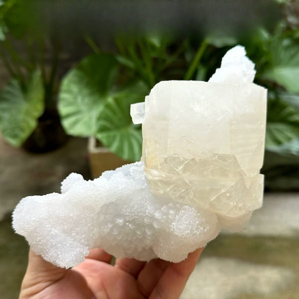 Giant hexagonal calcite prism on white quartz from Fujian, China, held in hand