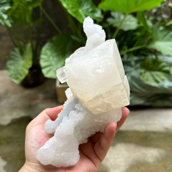 Giant hexagonal calcite prism on white quartz from Fujian, China, close-up of the crystal faces