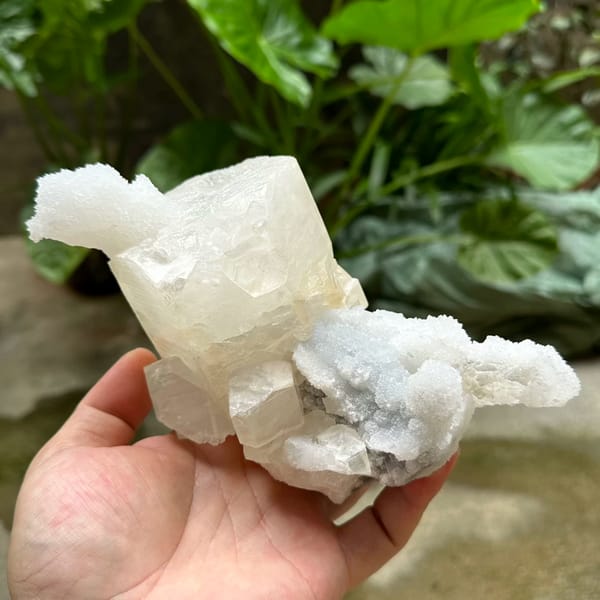 Giant hexagonal calcite prism on white quartz from Fujian, China, top view