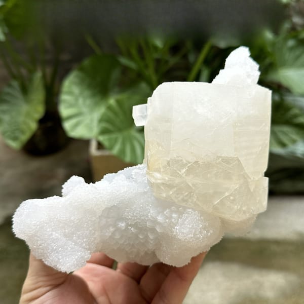 Giant hexagonal calcite prism on white quartz from Fujian, China, detail of the matrix contact
