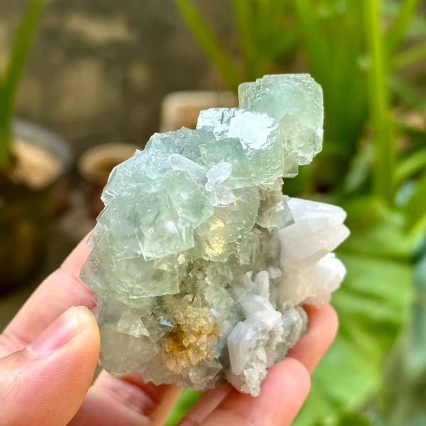 Glassy green fluorite over quartz with white calcite from Fujian, China, close-up of the crystal faces