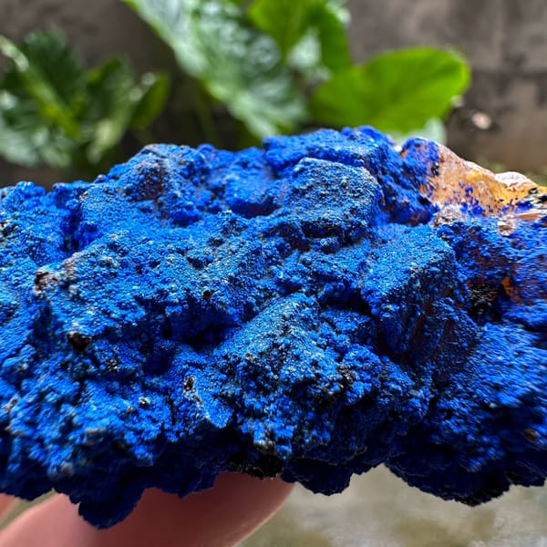 Electric-blue azurite crust covering fluorite from Yunnan, China, top view
