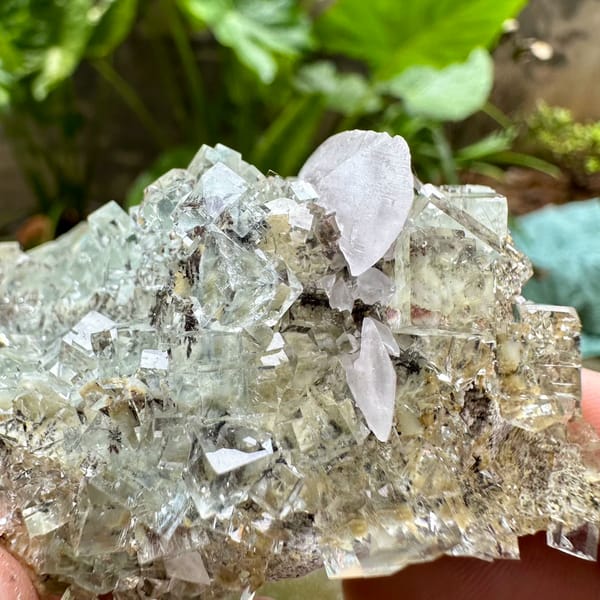 Gemmy pale-green fluorite cubes with calcite from Xianghualing, Hunan, China, close-up of the crystal faces