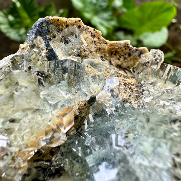 Glass-clear green fluorite cubes with pyrolusite dendrites from Xianghualing, Hunan, China, reverse side