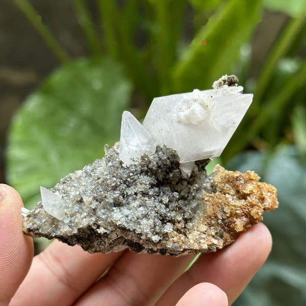Double-terminated calcite crystal with fluorite octahedra on druse from Fujian, China, detail of the matrix contact