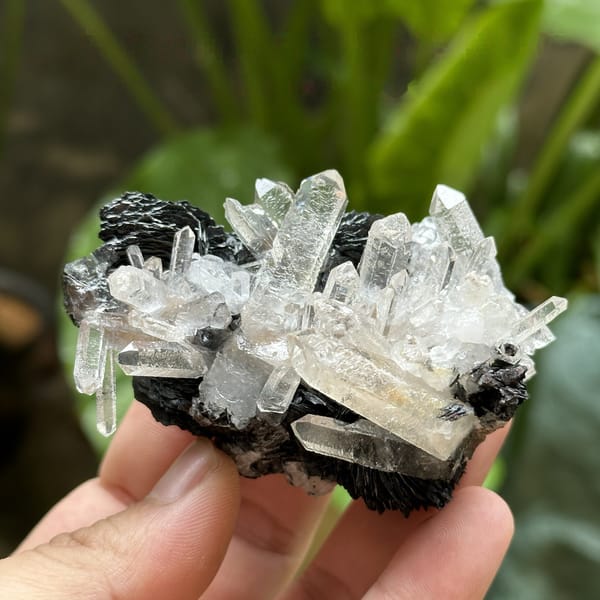 Etched clear quartz prisms on black specular hematite from Guangdong, China, detail of the matrix contact
