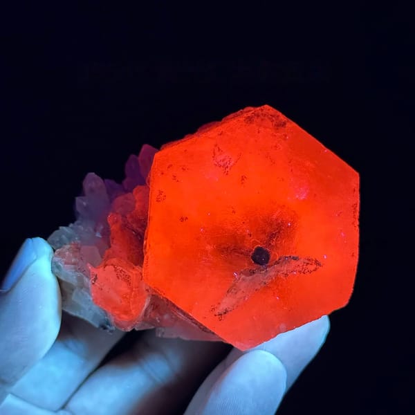Large flat hexagonal calcite crystal with quartz from Fujian, China, second angle