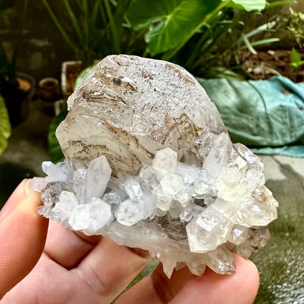 Large flat hexagonal calcite crystal with quartz from Fujian, China, reverse side