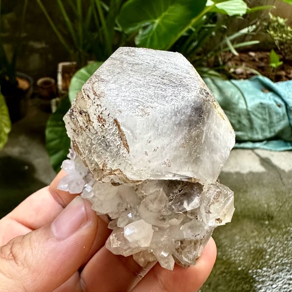 Large flat hexagonal calcite crystal with quartz from Fujian, China, top view