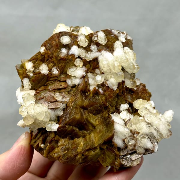 Golden-brown siderite rhombs dotted with white calcite from Guizhou, China, close-up of the crystal faces