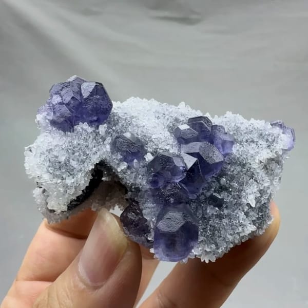 Violet-blue fluorite cubes on sparkling grey quartz from Fujian, China, close-up of the crystal faces