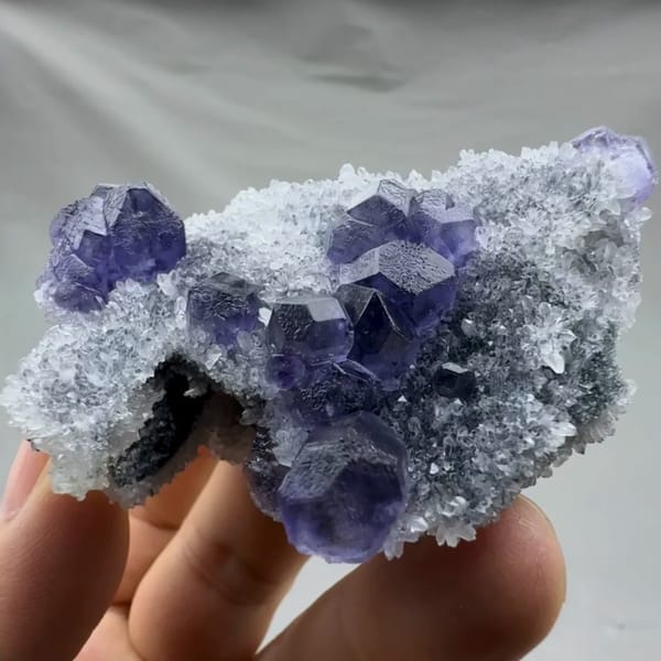 Violet-blue fluorite cubes on sparkling grey quartz from Fujian, China, top view