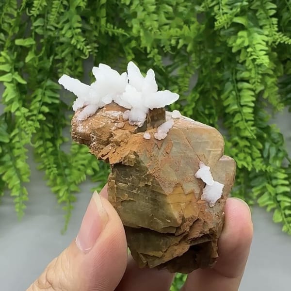 White calcite sprays on brown siderite block from Guizhou, China, detail of the matrix contact