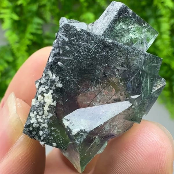 Clear phantom fluorite cubes enclosing bismuthinite needles from Inner Mongolia, China, top view