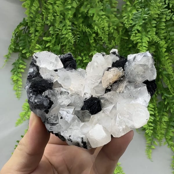 Beta-habit quartz bipyramids with black specular hematite from Guangdong, China, detail of the matrix contact