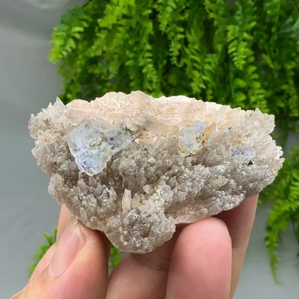 Pale blue combination-form fluorite crystals on quartz druse from Yunxiao, Fujian, China
