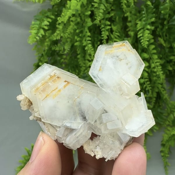 Stacked hexagonal calcite plates with orange growth lines from Fujian, China, detail of the matrix contact