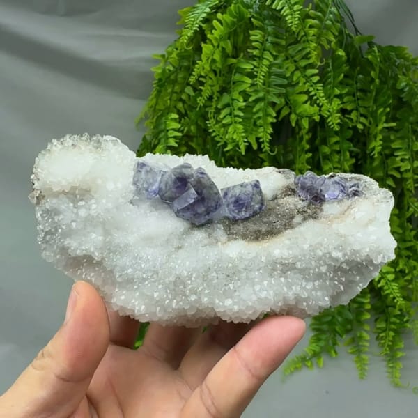 Deep purple dodecahedral fluorite on white quartz plate from Fujian, China, reverse side