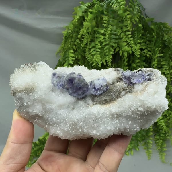 Deep purple dodecahedral fluorite on white quartz plate from Fujian, China, detail of the matrix contact