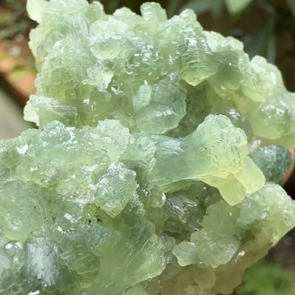 Pale green bow-tie prehnite cluster from Morocco, close-up of the crystal faces