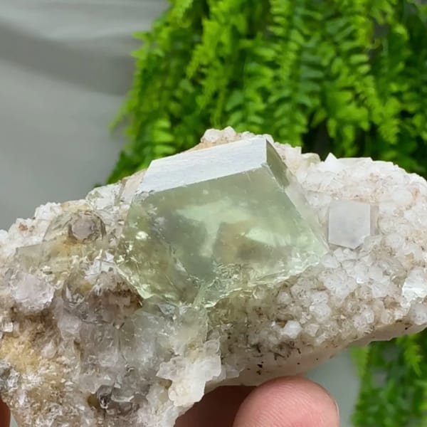 Glassy green fluorite dodecahedron on quartz druse from Fujian, China, second angle