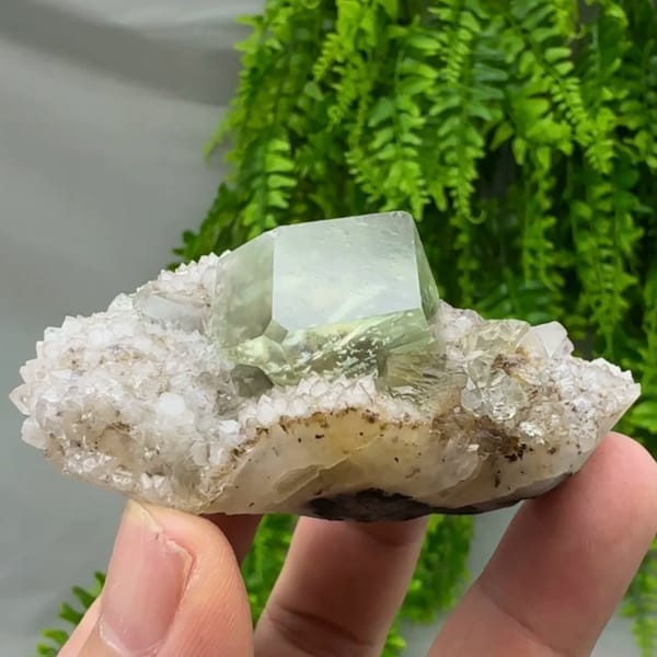 Glassy green fluorite dodecahedron on quartz druse from Fujian, China, reverse side
