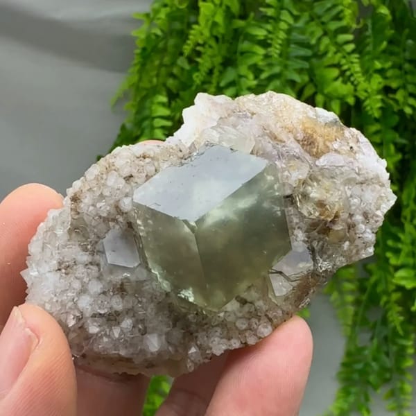 Glassy green fluorite dodecahedron on quartz druse from Fujian, China, top view
