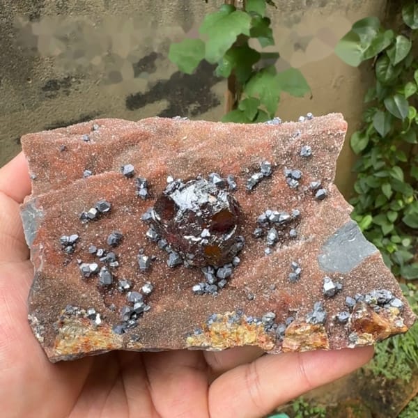 Large gem sphalerite crystal with galena on red-brown quartz from Hunan, China, held in hand