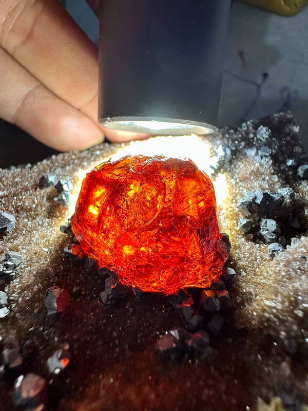 Large gem sphalerite crystal with galena on red-brown quartz from Hunan, China, second angle