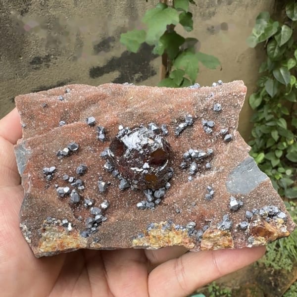 Large gem sphalerite crystal with galena on red-brown quartz from Hunan, China, top view