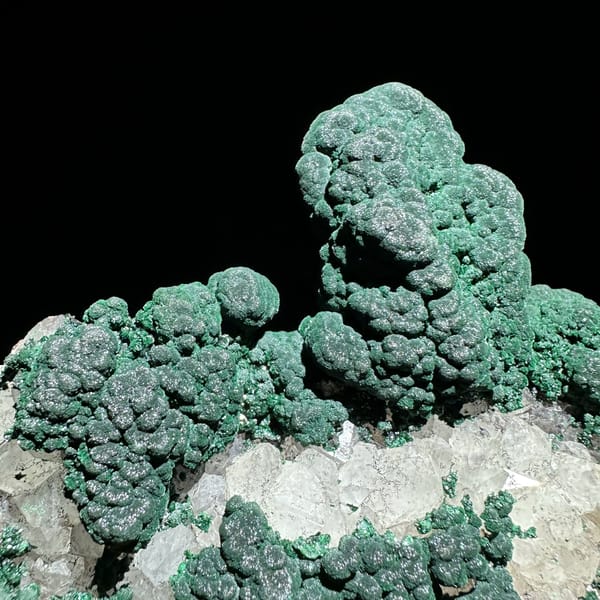 Dark green botryoidal malachite over white quartz druse from Laos, second angle