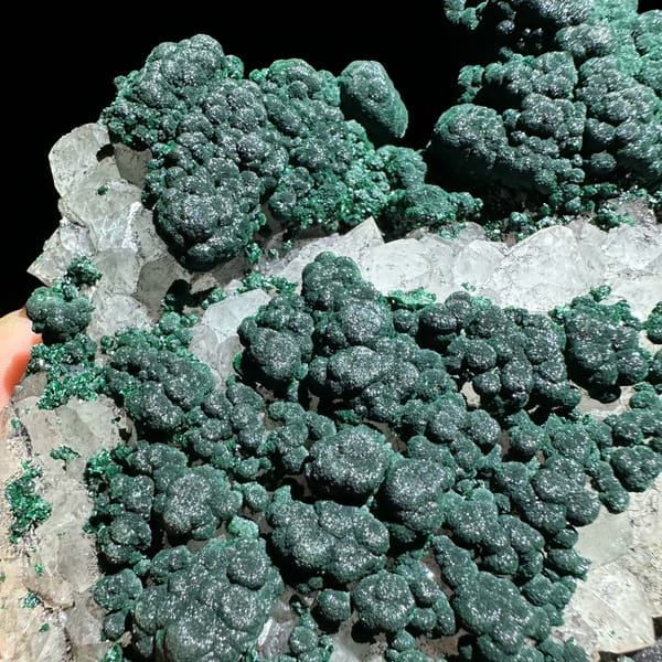Dark green botryoidal malachite over white quartz druse from Laos, close-up of the crystal faces