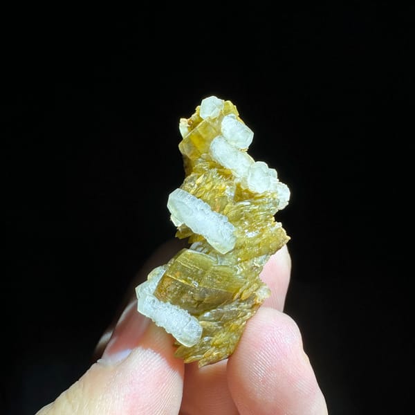 Clear calcite prisms on golden siderite blades from Guizhou, China, second angle