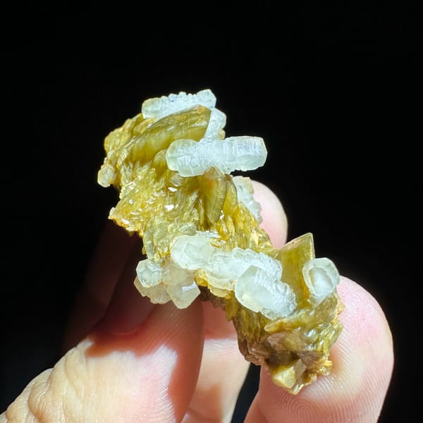 Clear calcite prisms on golden siderite blades from Guizhou, China, close-up of the crystal faces