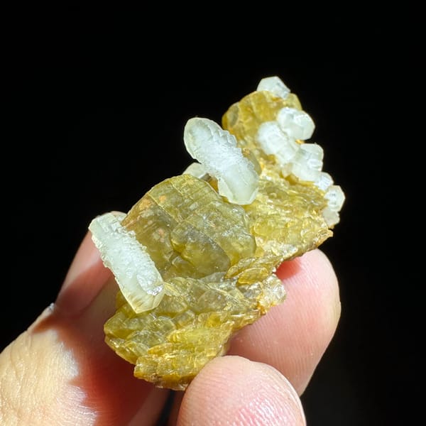 Clear calcite prisms on golden siderite blades from Guizhou, China, reverse side