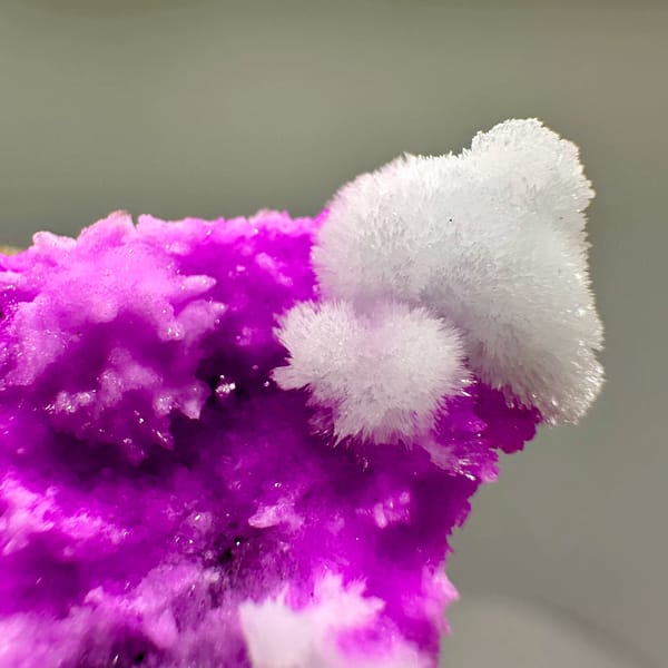 Vivid magenta aragonite with white aragonite tufts from Yunnan, China, close-up of the crystal faces