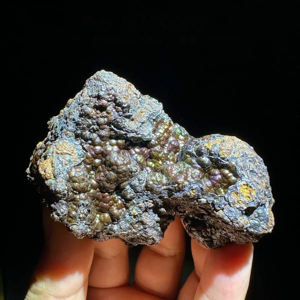 Iridescent multicoloured botryoidal limonite from Guizhou, China, held in hand