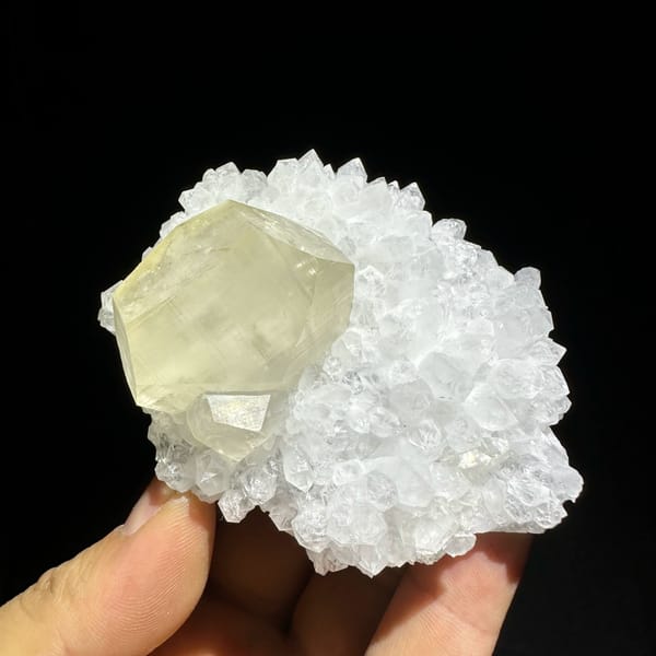Large golden calcite crystal in nest of white quartz points from Fujian, China, reverse side