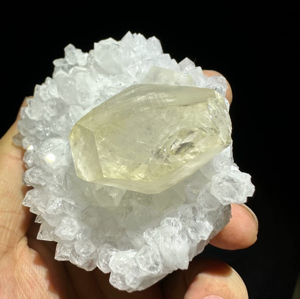 Large golden calcite crystal in nest of white quartz points from Fujian, China, top view