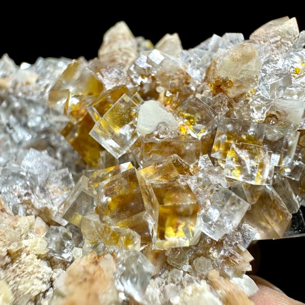 Ice-clear fluorite cubes on quartz plate from Guizhou, China, close-up of the crystal faces
