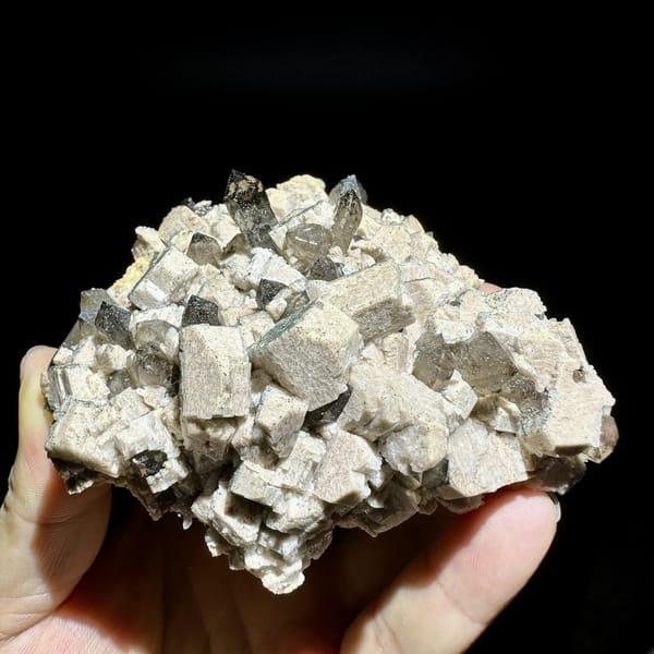 Smoky scepter quartz among cream feldspar from Yunxiao, Fujian, China, detail of the matrix contact