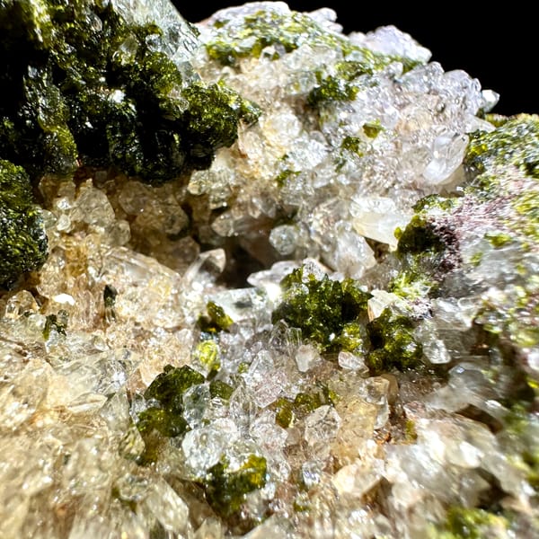 Sparkling quartz with green botryoidal epidote balls from Yunnan, China, second angle