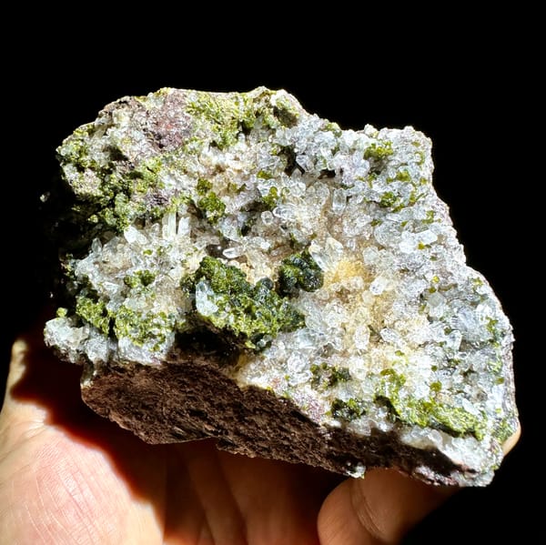 Sparkling quartz with green botryoidal epidote balls from Yunnan, China, reverse side