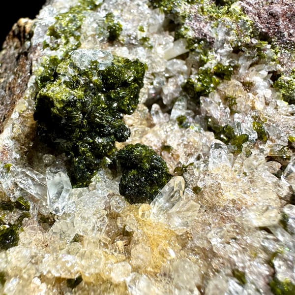 Sparkling quartz with green botryoidal epidote balls from Yunnan, China, top view