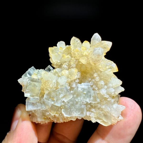 Ice-clear fluorite cubes on golden quartz cluster from Guizhou, China, held in hand