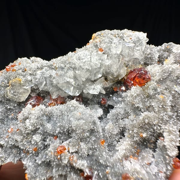 Red gem sphalerite crystals on grey calcite and quartz from Hunan, China, top view
