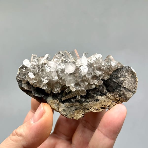 Translucent aurora calcite crystals on dark matrix from Fujian, China, held in hand