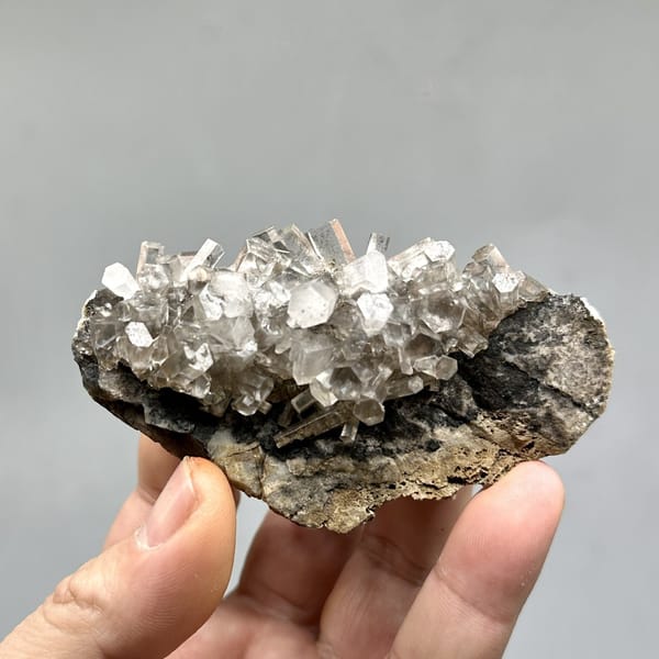 Translucent aurora calcite crystals on dark matrix from Fujian, China, detail of the matrix contact